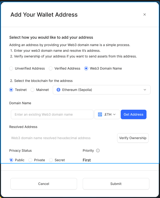 Link your accounts public keys to begin receiving funds.