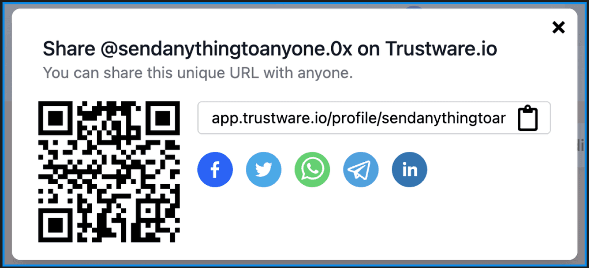 Easily share contact and payment information through your social networks via URL or QR codes.