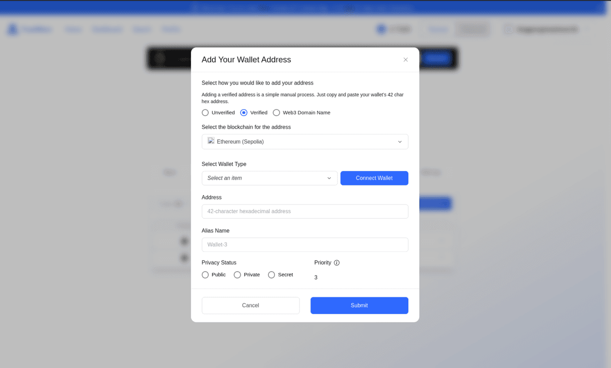 Sign with your wallet to verify ownership, enabling sends directly on Trustware.