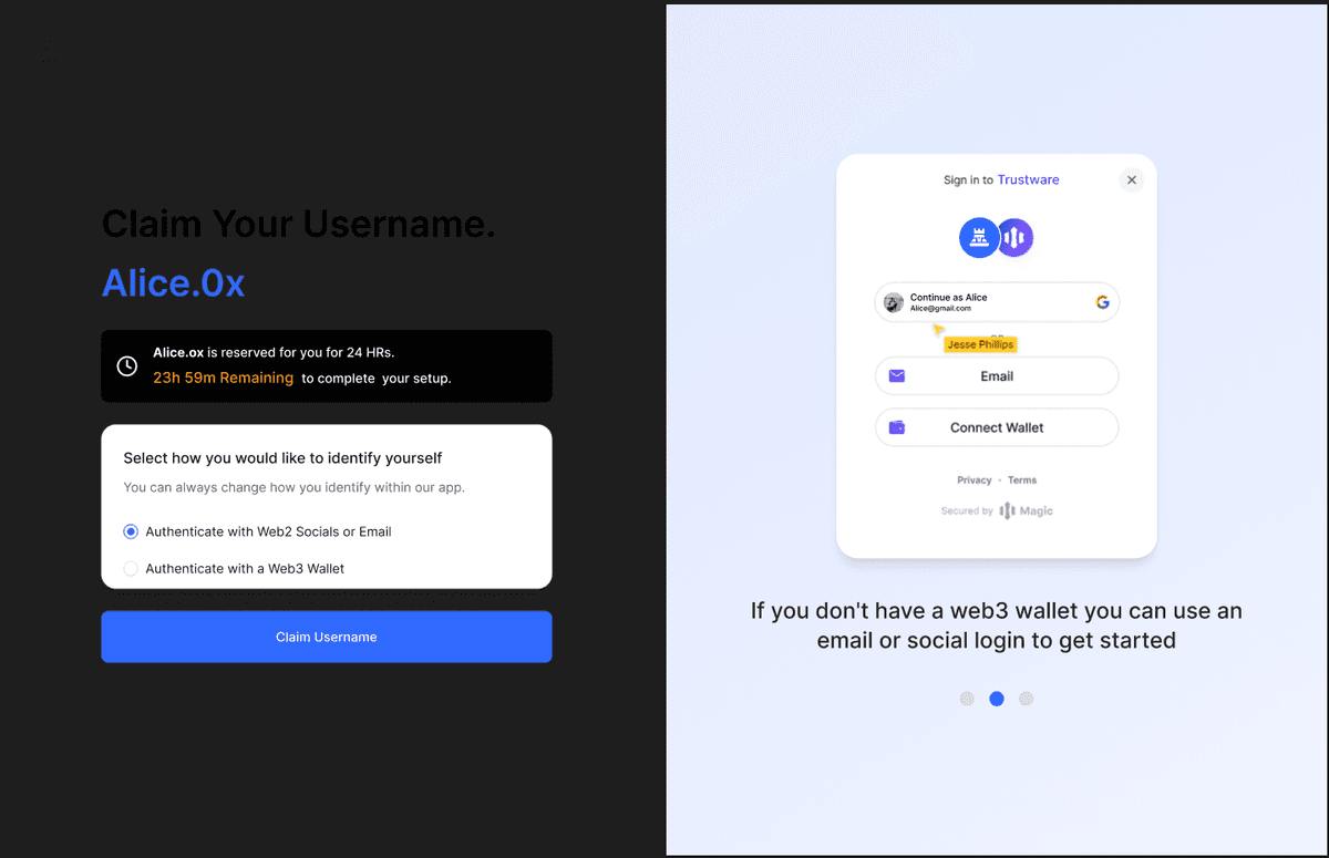 Claim your username in just a few clicks with our familiar onboarding process.